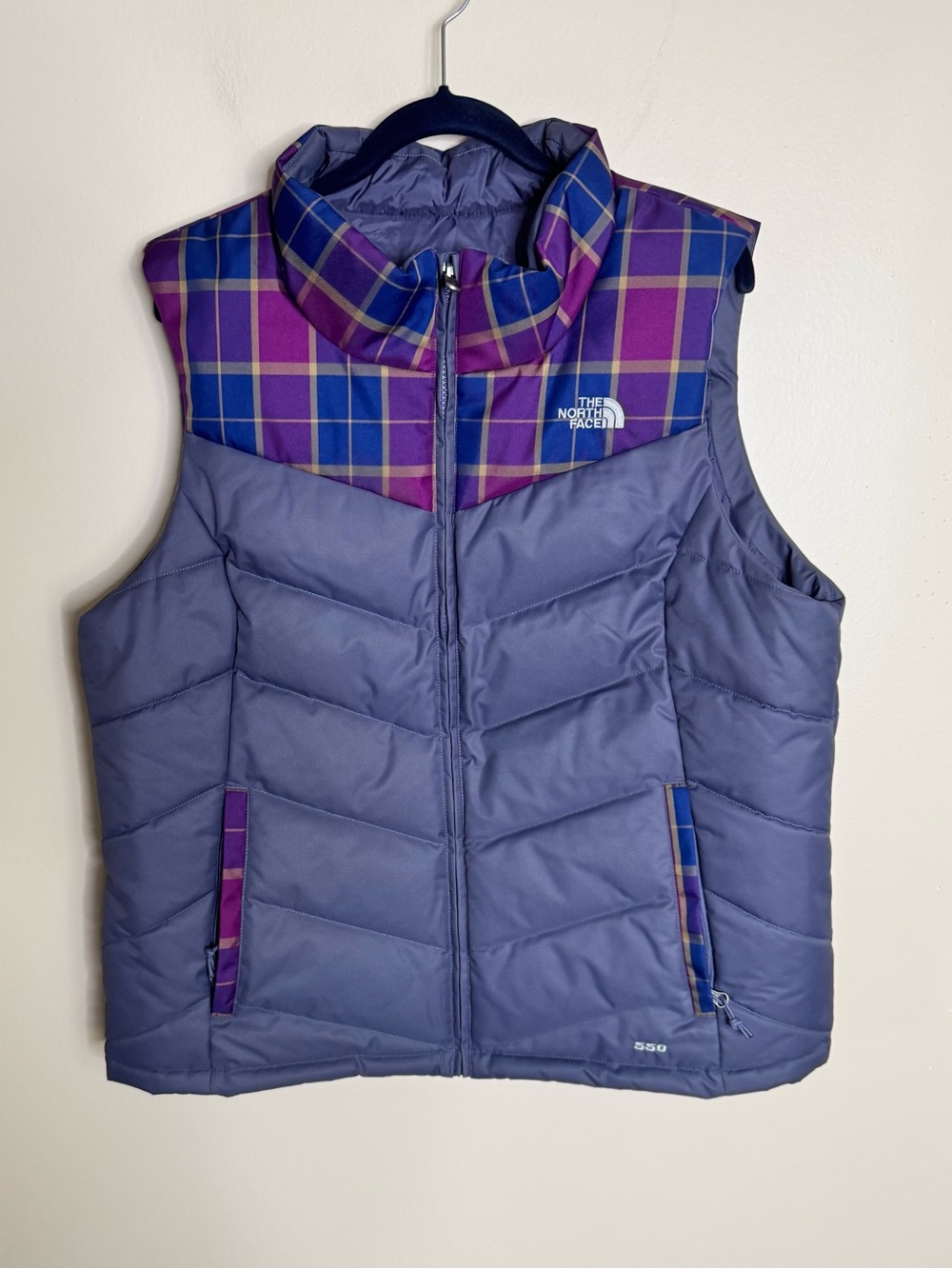 North Face Sheka RTO Down 550 Purple Plaid Puffer Vest womens size X-Large